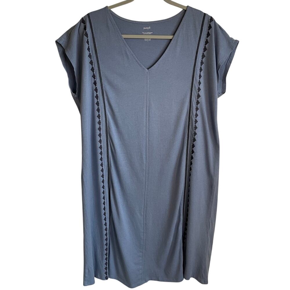 J. Jill Pure Jill Embroidered Cap Sleeve Shift Dress Sz L Blue V-Neck Coastal